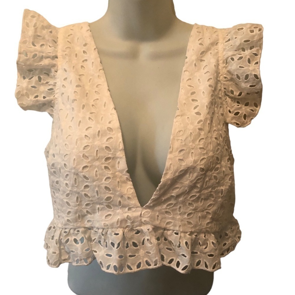 Zaful White Eyelet Crop Top XL Plunging Neck Tied Back Feminine Coquette Girl